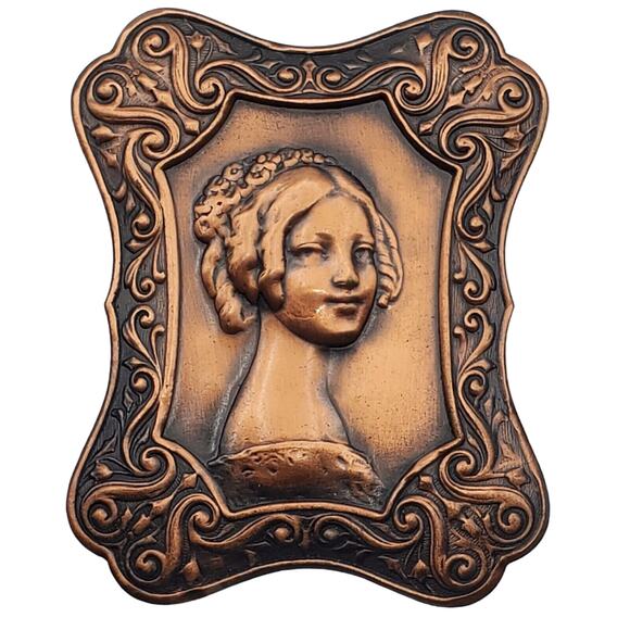 Copper Portrait Woman Brooch Large Figural Pin Cameo Frame Victorian Revival - Picture 1 of 4